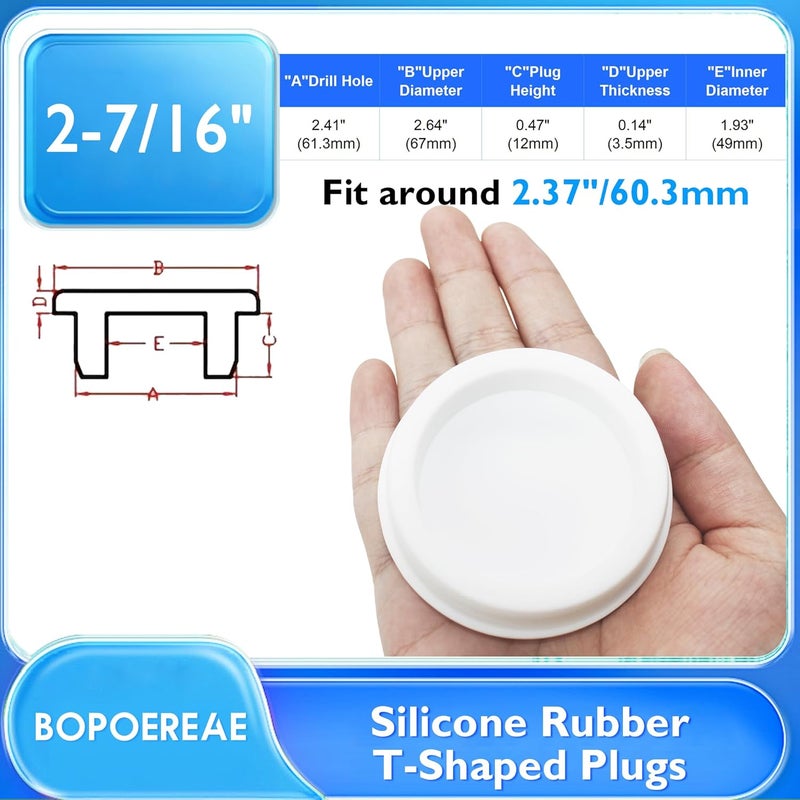 BOPOREAE 2 Pcs 61.3 mm/2.24 in Silicone Rubber Plug for 60.3 mm Round Holes, Waterproof T Type Rubber Stoppers, Soft Flexible Snap-On Seal Plugs Tube Pipe End Cover Caps Insert, White - Image 2